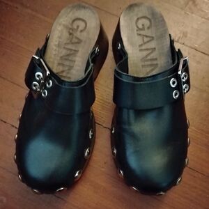 Ganni Black Leather Mules with Silver Accents